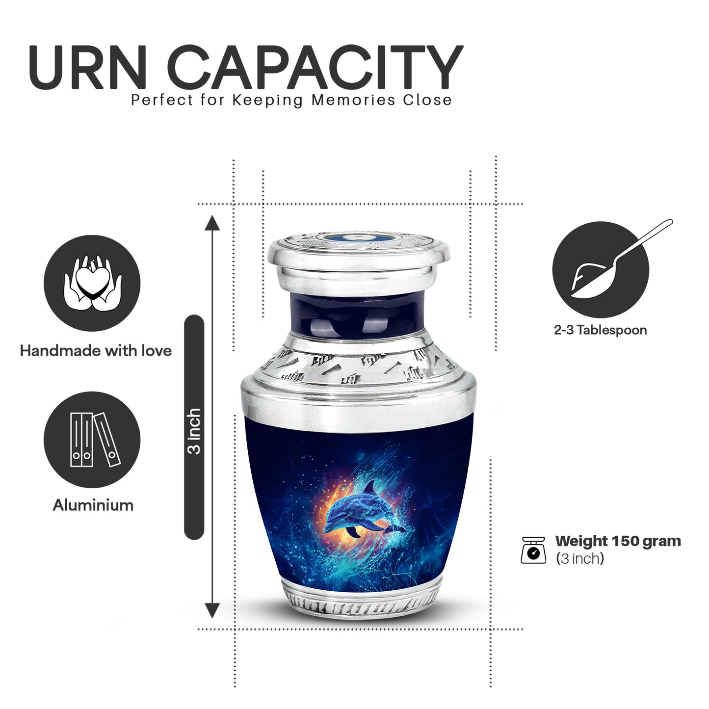 Slate Blue Dolphin Cremation Urn top-down view of secure threaded lid - contemporary dolphin design with modern artistic flair - mini keepsake memorial for portion of cremation ashes