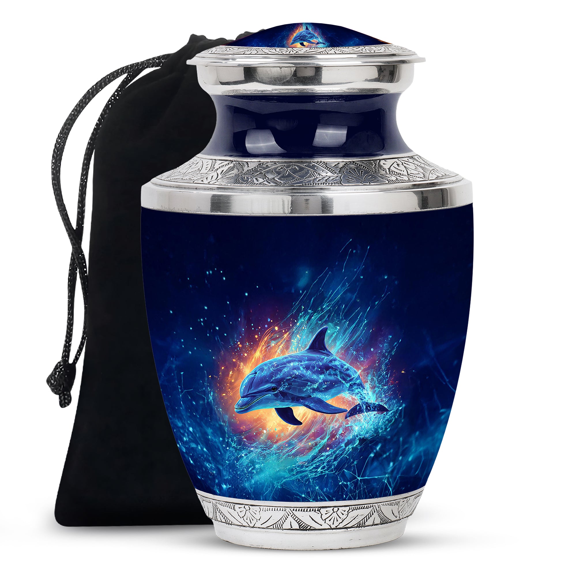 Sky Blue Dolphin Cremation Urn side profile showing urn shape - modern art-inspired dolphin motif on sleek aluminum - full-size 10 inch 200 cubic inch adult cremation urn