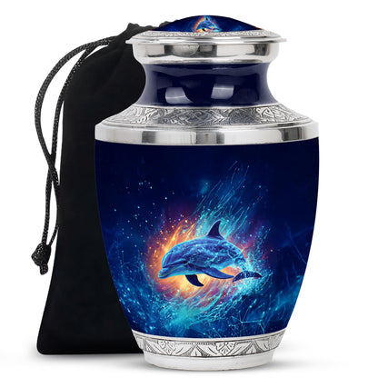 Sky Blue Dolphin Cremation Urn side profile showing urn shape - modern art-inspired dolphin motif on sleek aluminum - full-size 10 inch 200 cubic inch adult cremation urn