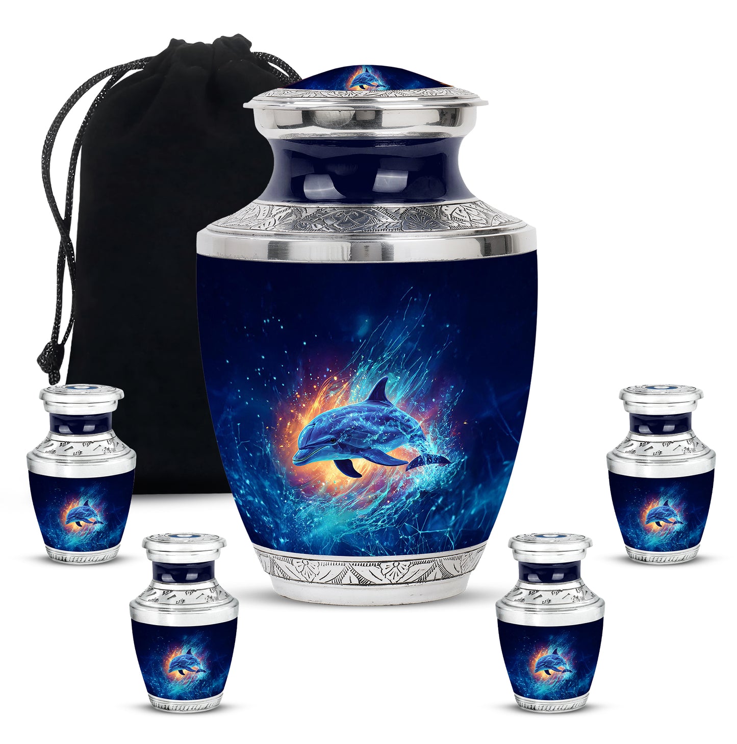 Cobalt Blue Dolphin Cremation Urn lifestyle display on memorial shelf - stylized abstract dolphin pattern with bold lines - memorial set with one large and four small urns