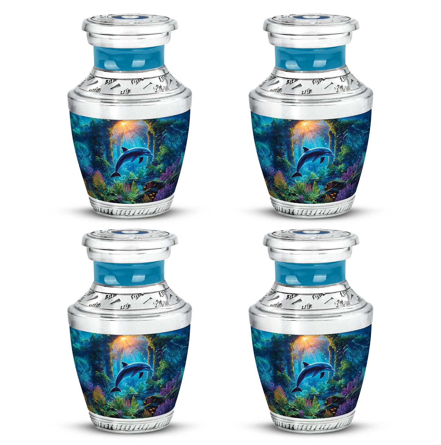 Mist Gray Dolphin Cremation Urn back view with polished surface - modern art-inspired dolphin motif on sleek aluminum - 10 inch aluminum urn for cremated remains