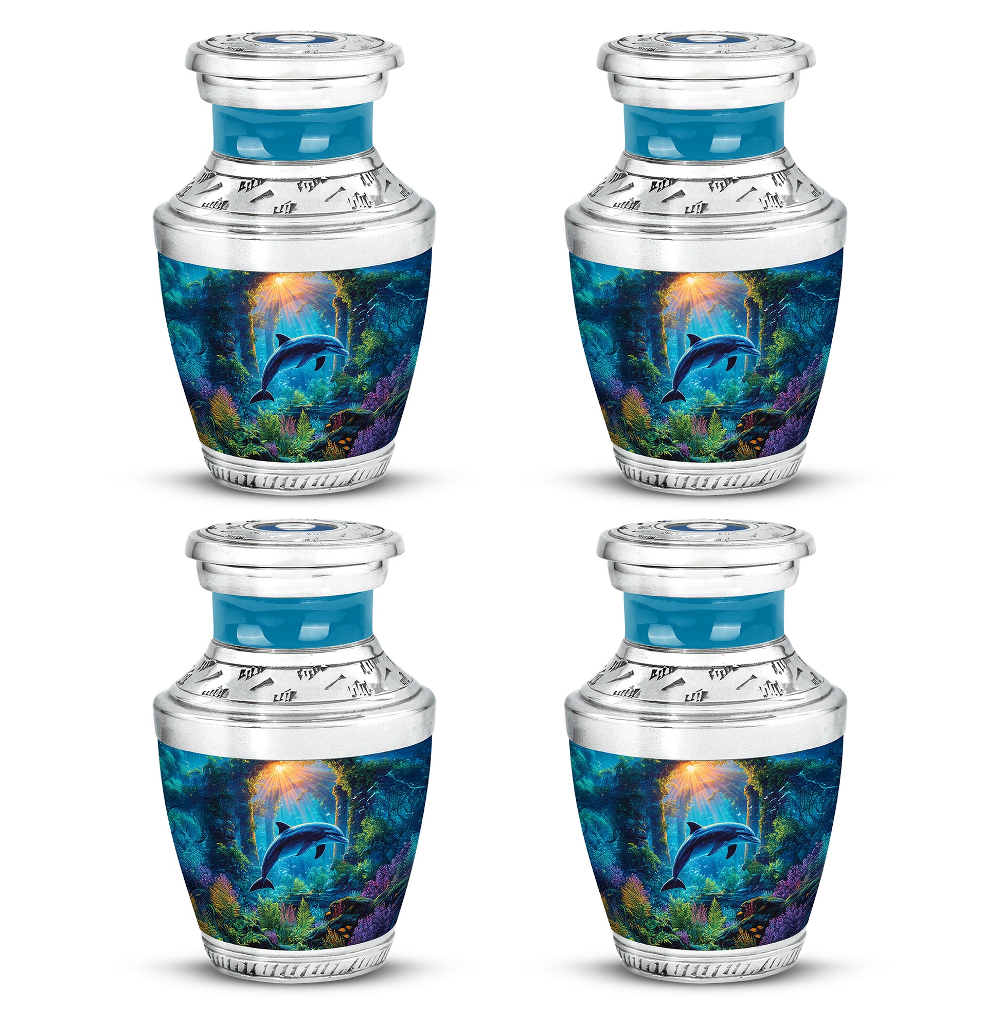 Mist Gray Dolphin Cremation Urn back view with polished surface - modern art-inspired dolphin motif on sleek aluminum - 10 inch aluminum urn for cremated remains