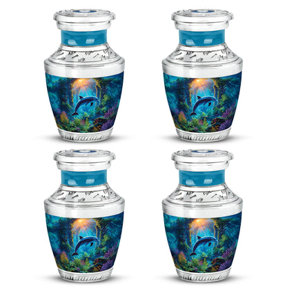 Mist Gray Dolphin Cremation Urn back view with polished surface - modern art-inspired dolphin motif on sleek aluminum - 10 inch aluminum urn for cremated remains