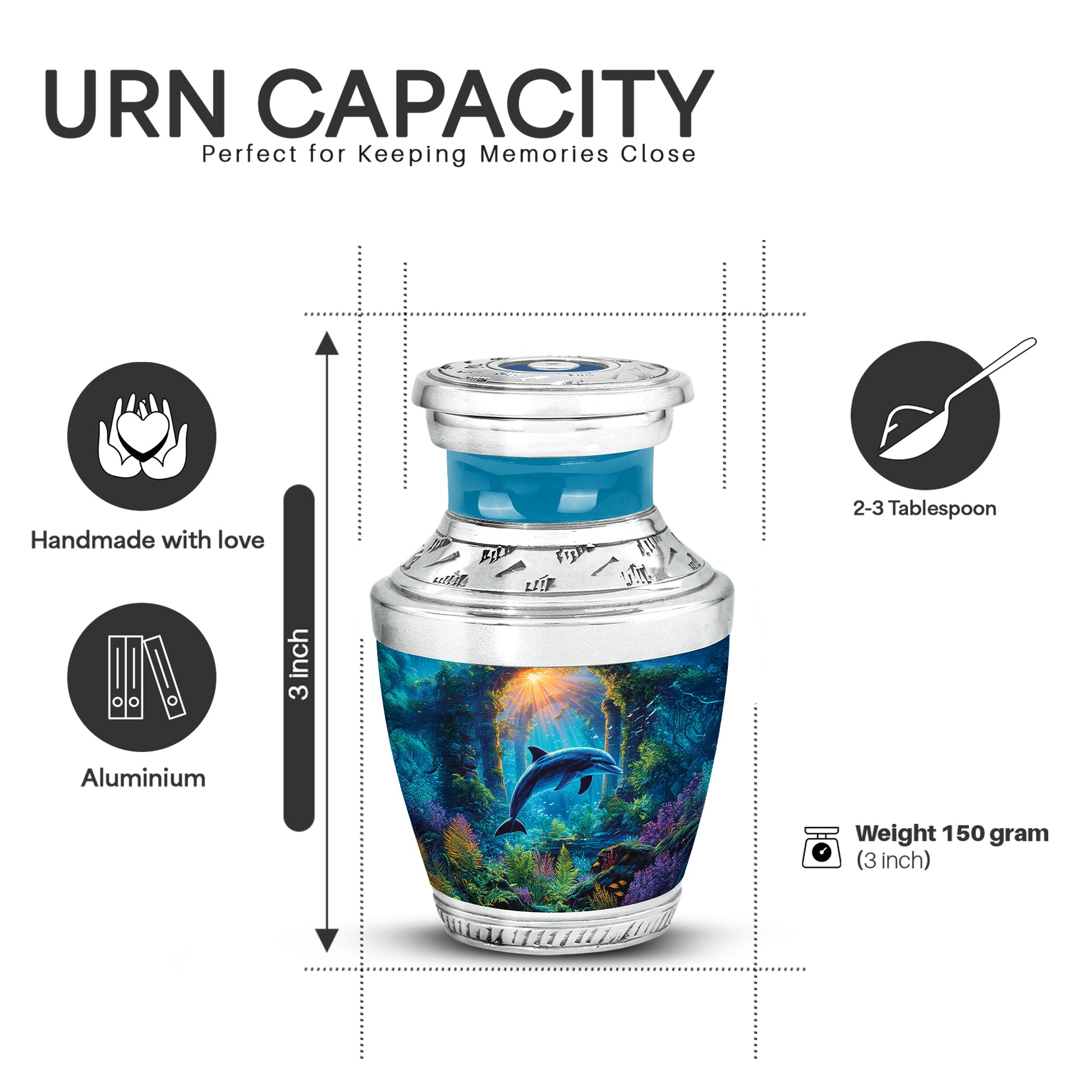 Dove Gray Dolphin Cremation Urn top-down view of secure threaded lid - contemporary dolphin design with modern artistic flair - mini keepsake memorial for portion of cremation ashes
