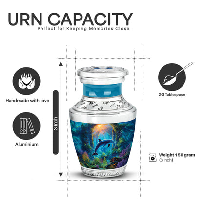 Dove Gray Dolphin Cremation Urn top-down view of secure threaded lid - contemporary dolphin design with modern artistic flair - mini keepsake memorial for portion of cremation ashes