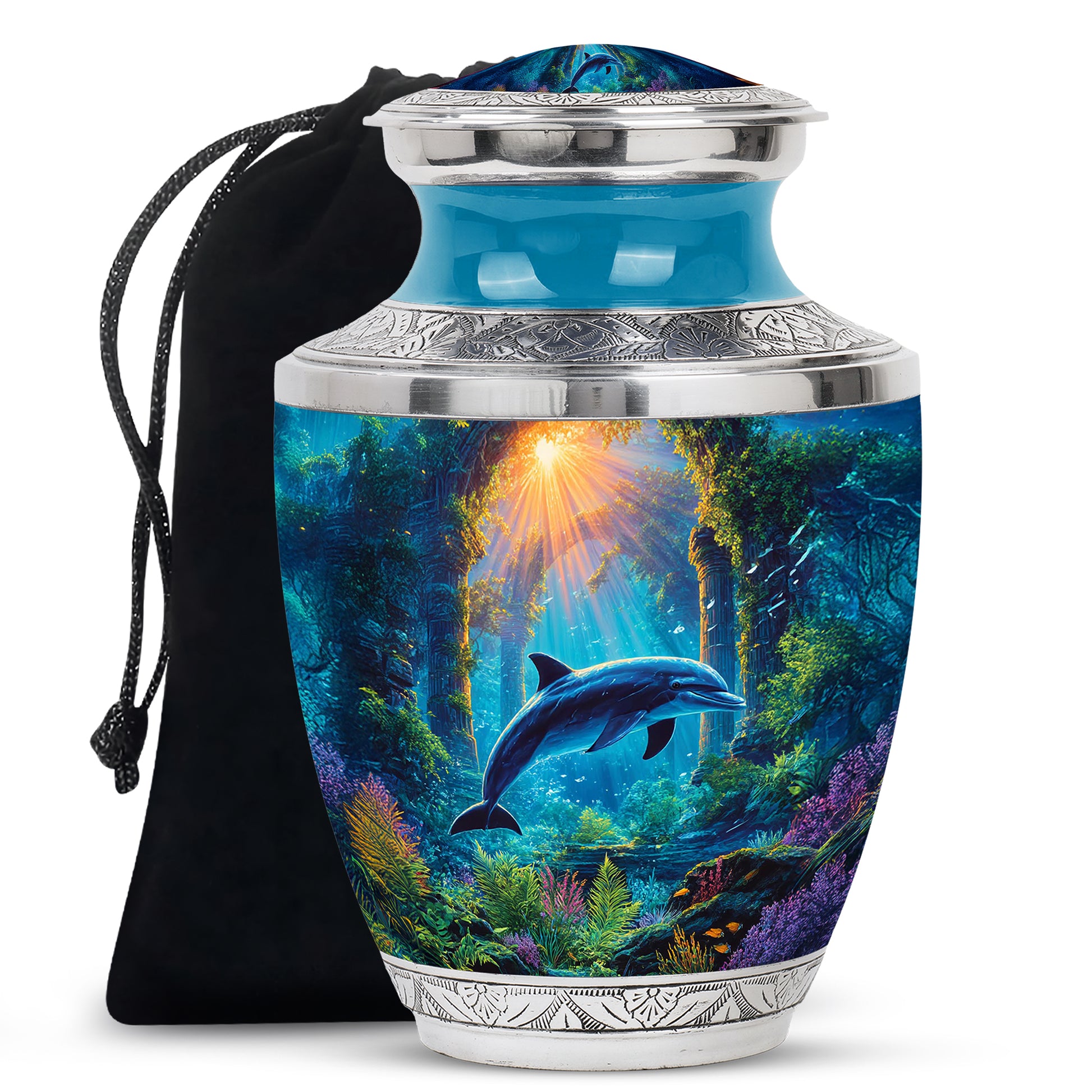 Silver Gray Dolphin Cremation Urn side profile showing urn shape - contemporary dolphin design with modern artistic flair - full-size 10 inch 200 cubic inch adult cremation urn