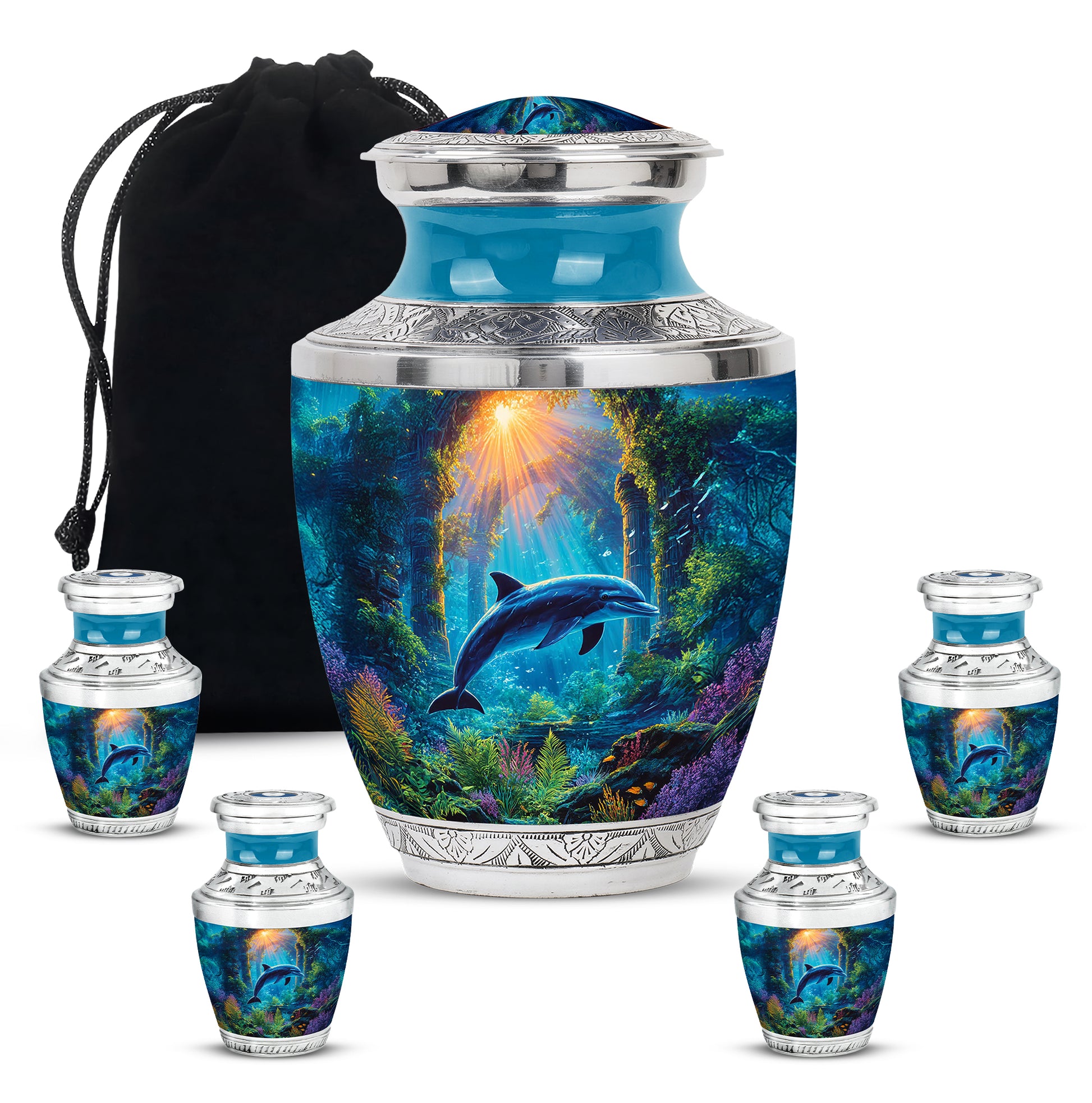 Slate Gray Dolphin Cremation Urn lifestyle display on memorial shelf - artistic dolphin interpretation with creative detail - memorial set with one large and four small urns