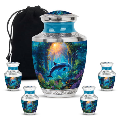 Slate Gray Dolphin Cremation Urn lifestyle display on memorial shelf - artistic dolphin interpretation with creative detail - memorial set with one large and four small urns