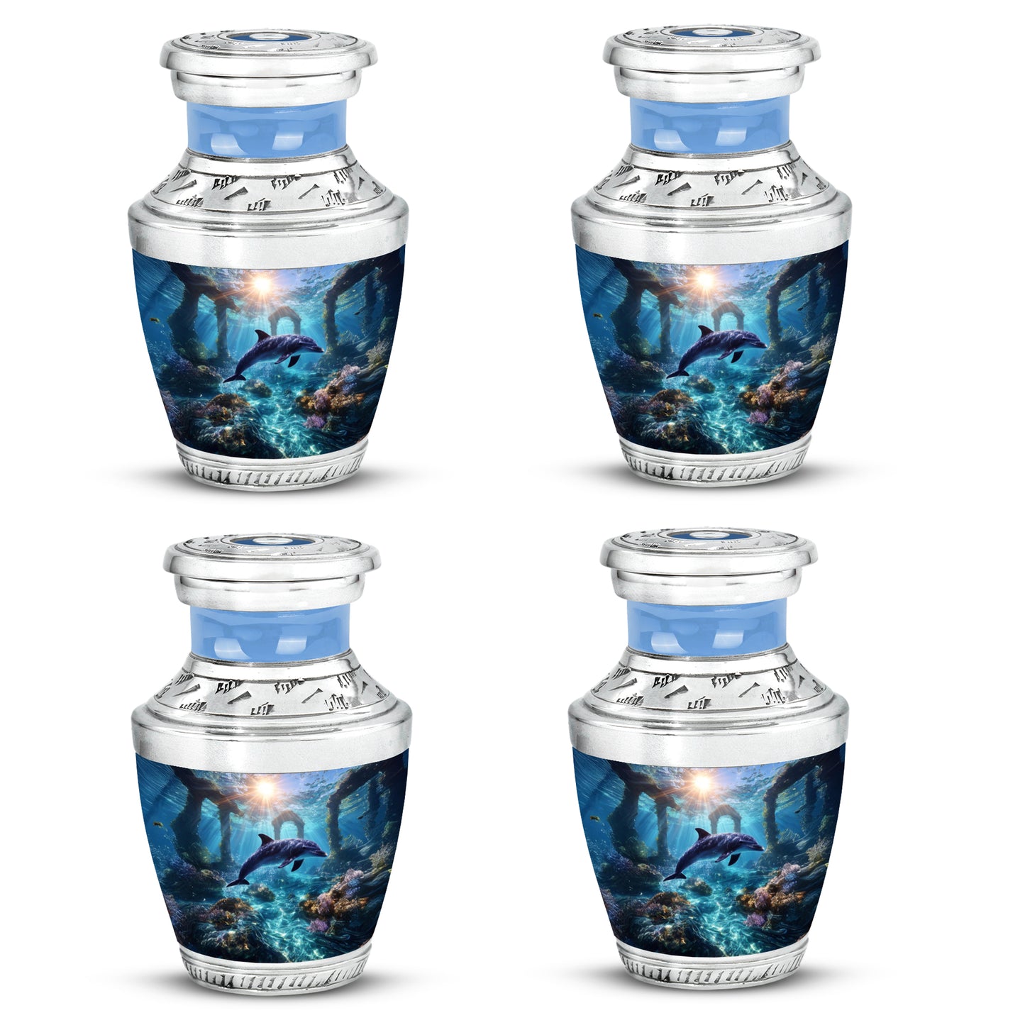 Twilight Blue Dolphin Cremation Urn back view with polished surface - artistic dolphin interpretation with creative detail - 10 inch aluminum urn for cremated remains