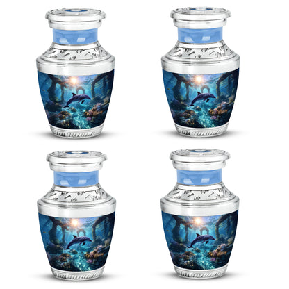 Twilight Blue Dolphin Cremation Urn back view with polished surface - artistic dolphin interpretation with creative detail - 10 inch aluminum urn for cremated remains