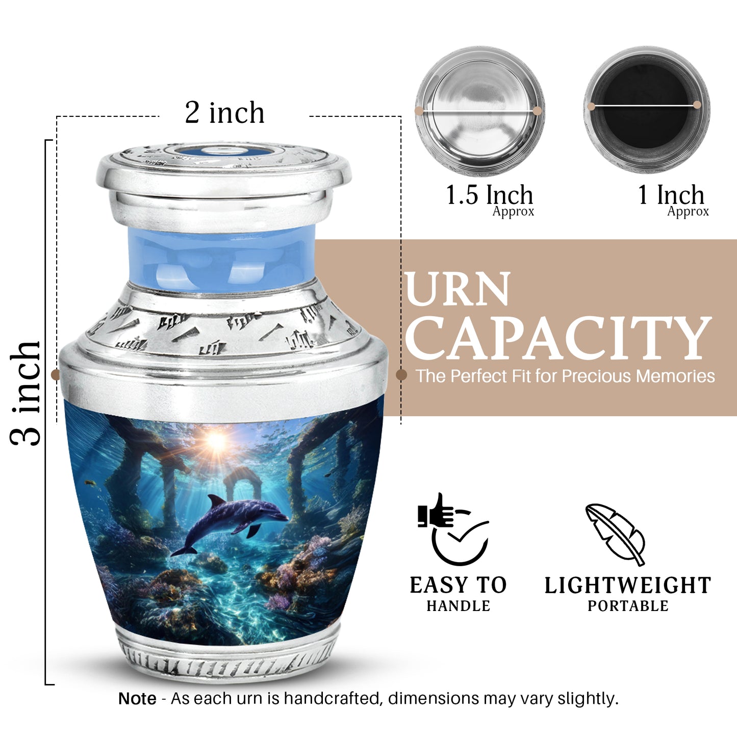 Pastel Blue Dolphin Cremation Urn top-down view of secure threaded lid - modern art-inspired dolphin motif on sleek aluminum - mini keepsake memorial for portion of cremation ashes