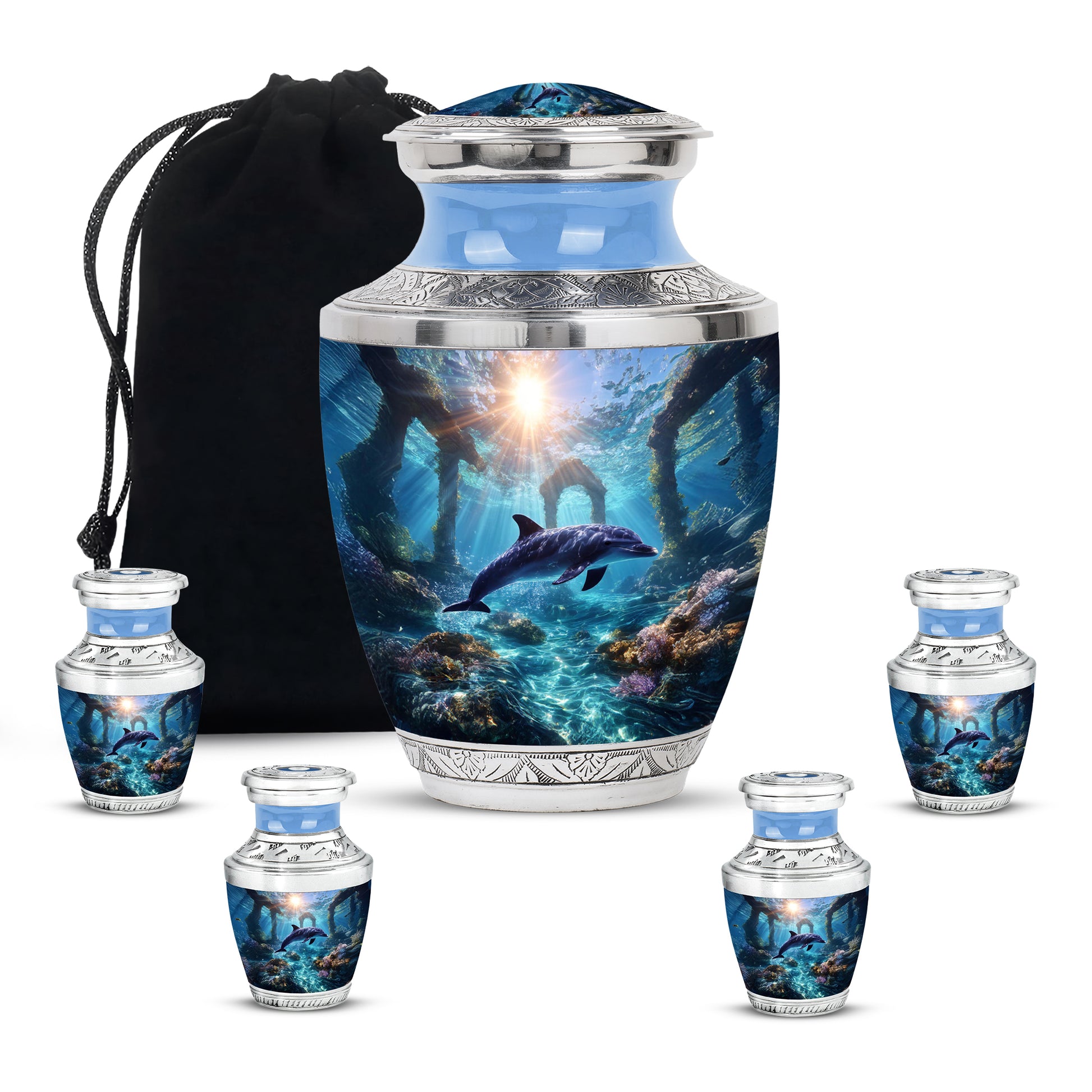 Dusty Blue Dolphin Cremation Urn lifestyle display on memorial shelf - contemporary dolphin design with modern artistic flair - memorial set with one large and four small urns