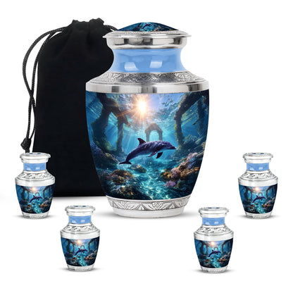 Dusty Blue Dolphin Cremation Urn lifestyle display on memorial shelf - contemporary dolphin design with modern artistic flair - memorial set with one large and four small urns