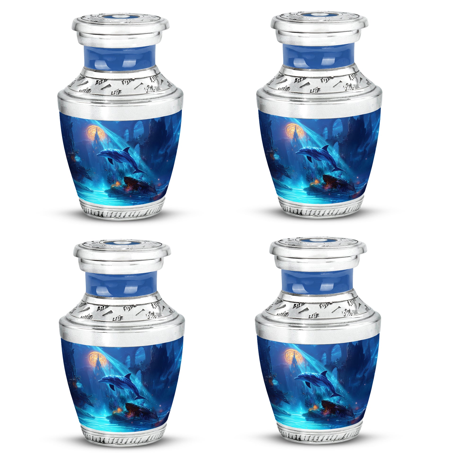 Icy Blue Dolphin Cremation Urn back view with polished surface - contemporary dolphin design with modern artistic flair - 10 inch aluminum urn for cremated remains