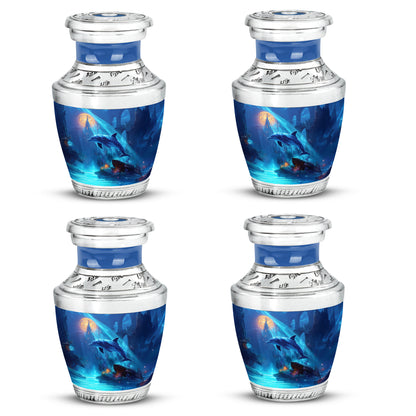 Icy Blue Dolphin Cremation Urn back view with polished surface - contemporary dolphin design with modern artistic flair - 10 inch aluminum urn for cremated remains