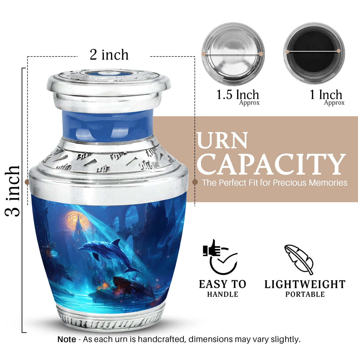 Sky Blue Dolphin Cremation Urn top-down view of secure threaded lid - modern art-inspired dolphin motif on sleek aluminum - mini keepsake memorial for portion of cremation ashes