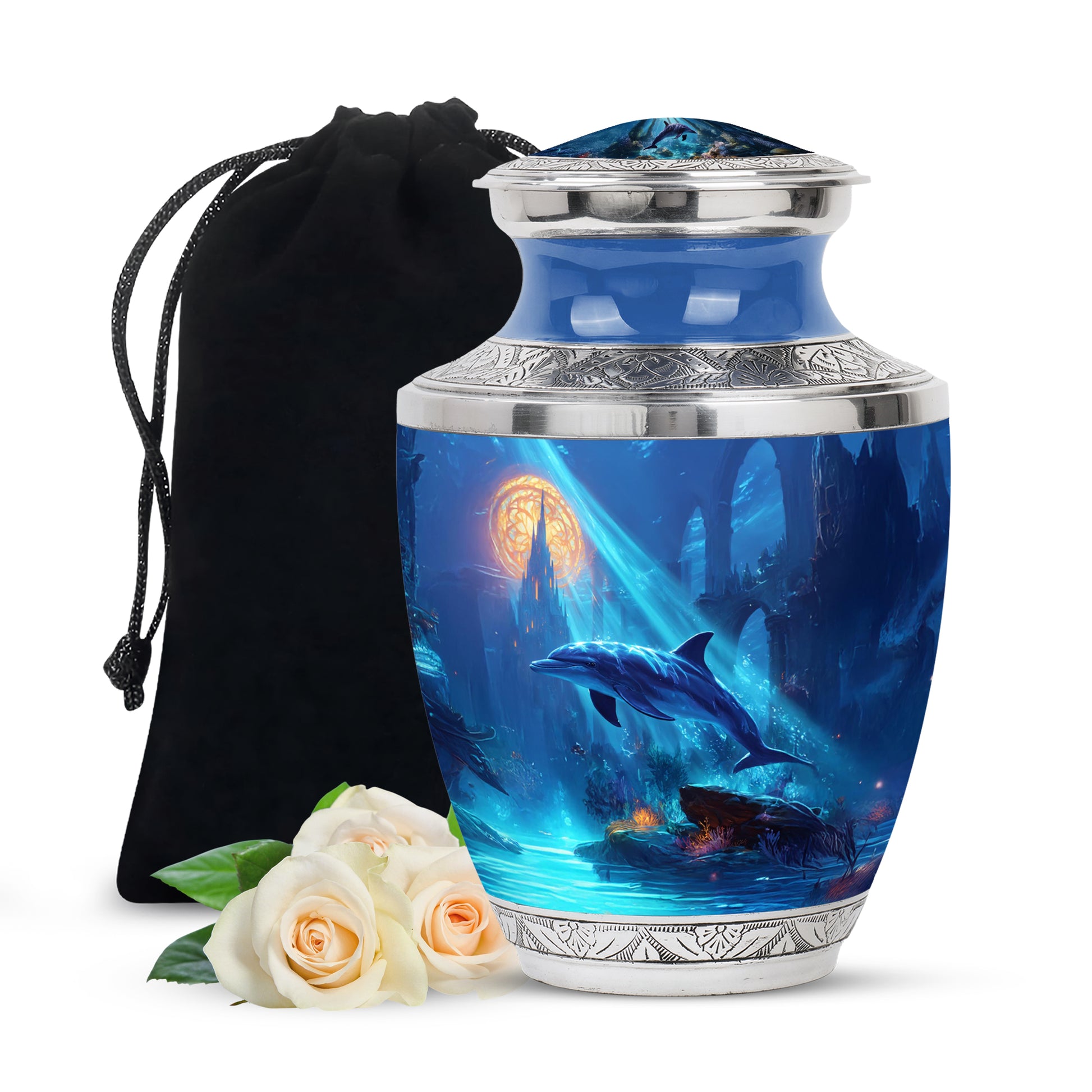 Soft Blue Dolphin Cremation Urn side profile showing urn shape - stylized abstract dolphin pattern with bold lines - full-size 10 inch 200 cubic inch adult cremation urn