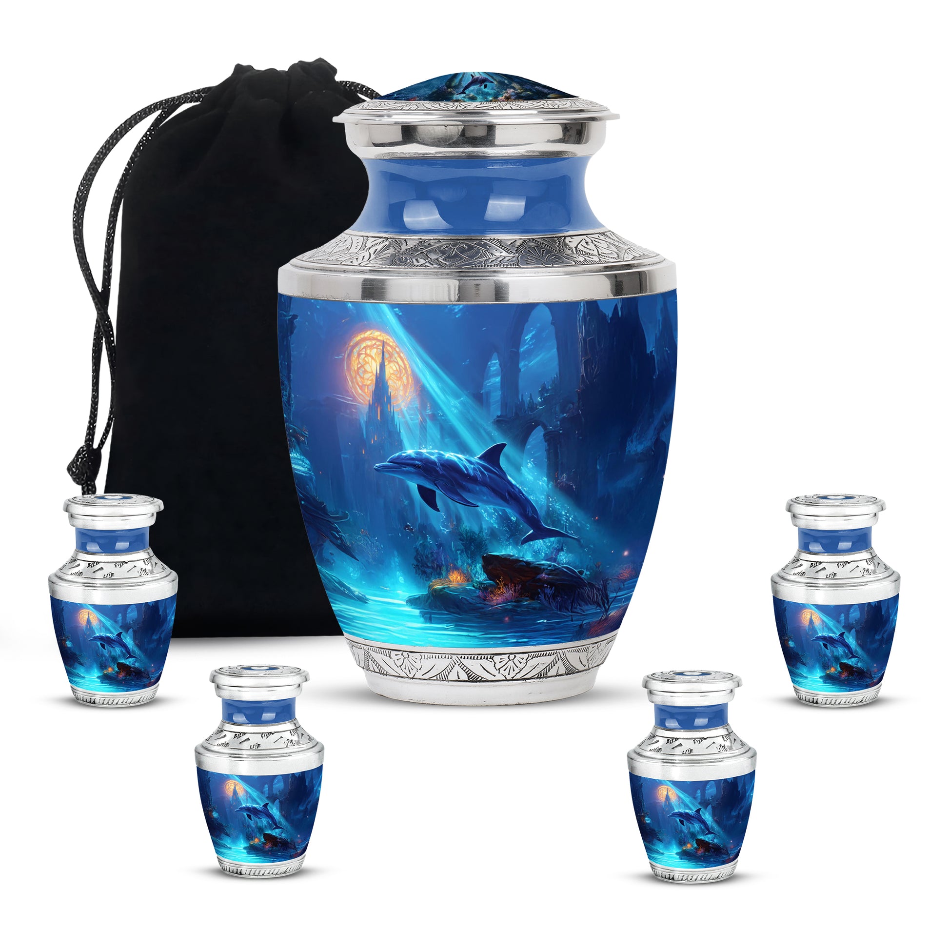 Indigo Dolphin Cremation Urn lifestyle display on memorial shelf - contemporary dolphin design with modern artistic flair - memorial set with one large and four small urns