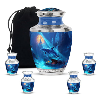 Indigo Dolphin Cremation Urn lifestyle display on memorial shelf - contemporary dolphin design with modern artistic flair - memorial set with one large and four small urns