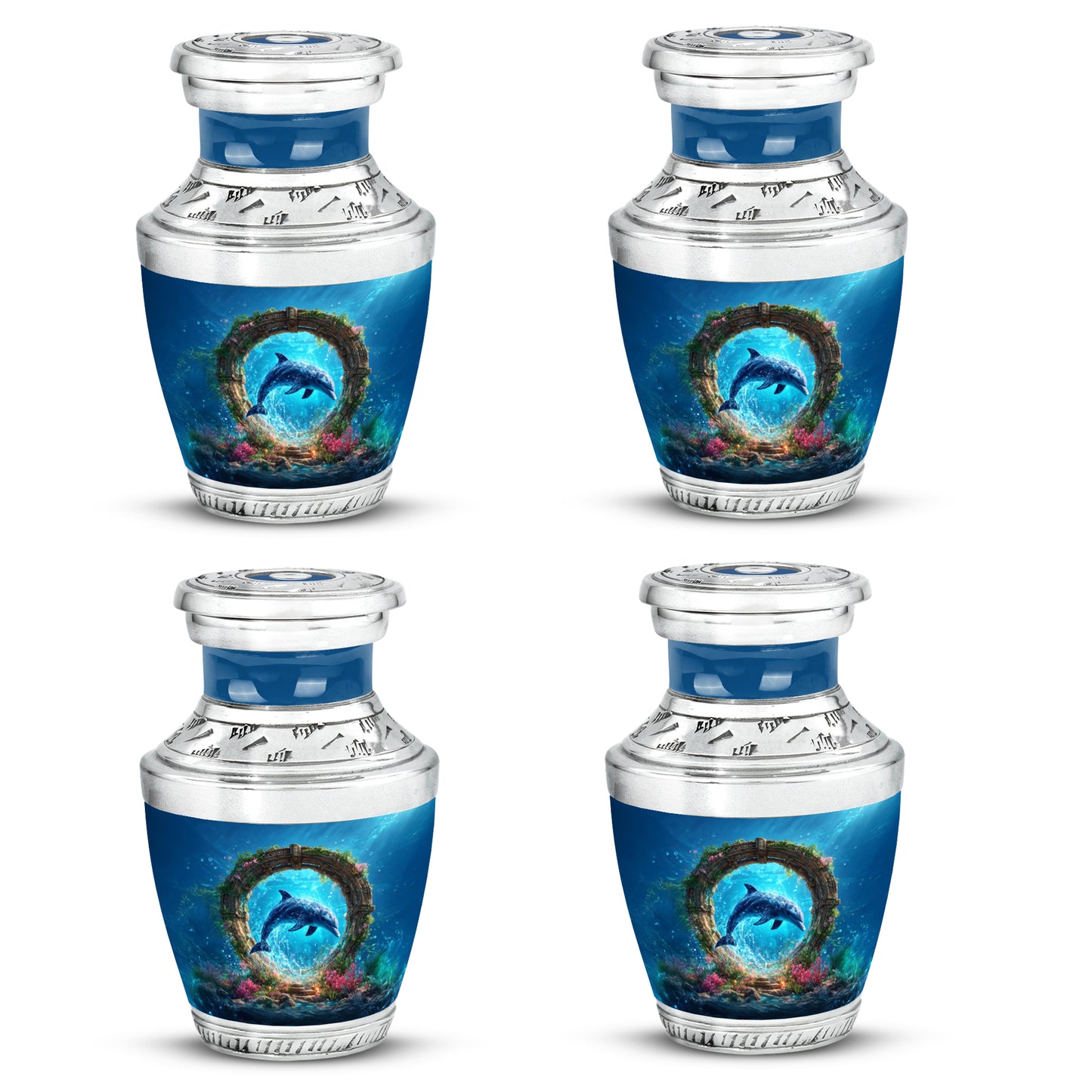 Cornflower Blue Dolphin Cremation Urn back view with polished surface - stylized abstract dolphin pattern with bold lines - 10 inch aluminum urn for cremated remains