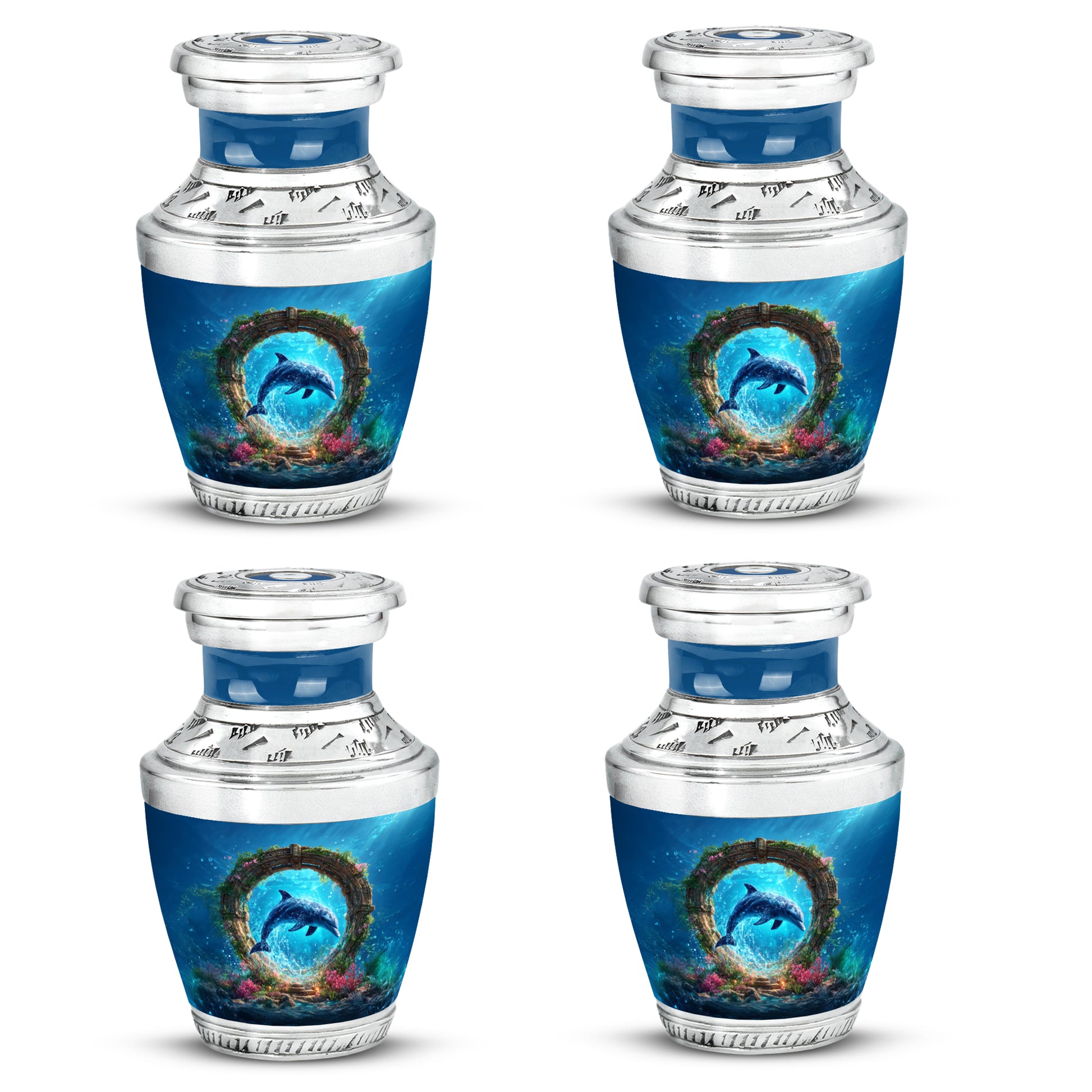 Cornflower Blue Dolphin Cremation Urn back view with polished surface - stylized abstract dolphin pattern with bold lines - 10 inch aluminum urn for cremated remains