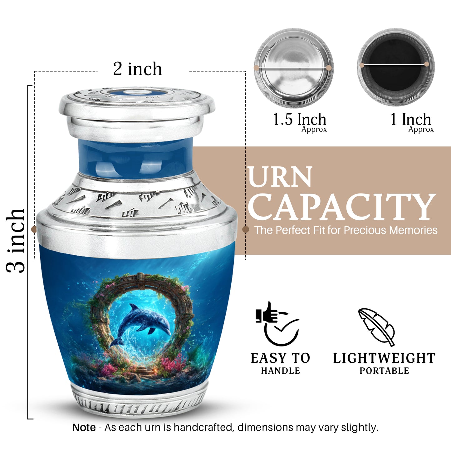 Slate Blue Dolphin Cremation Urn top-down view of secure threaded lid - contemporary dolphin design with modern artistic flair - mini keepsake memorial for portion of cremation ashes