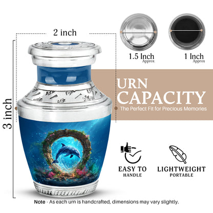 Slate Blue Dolphin Cremation Urn top-down view of secure threaded lid - contemporary dolphin design with modern artistic flair - mini keepsake memorial for portion of cremation ashes