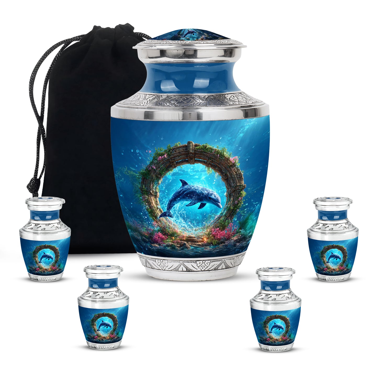 Vivid Blue Dolphin Cremation Urn lifestyle display on memorial shelf - stylized abstract dolphin pattern with bold lines - memorial set with one large and four small urns