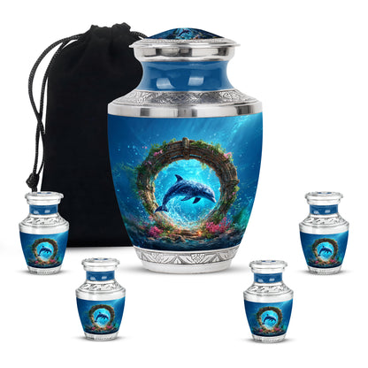Vivid Blue Dolphin Cremation Urn lifestyle display on memorial shelf - stylized abstract dolphin pattern with bold lines - memorial set with one large and four small urns