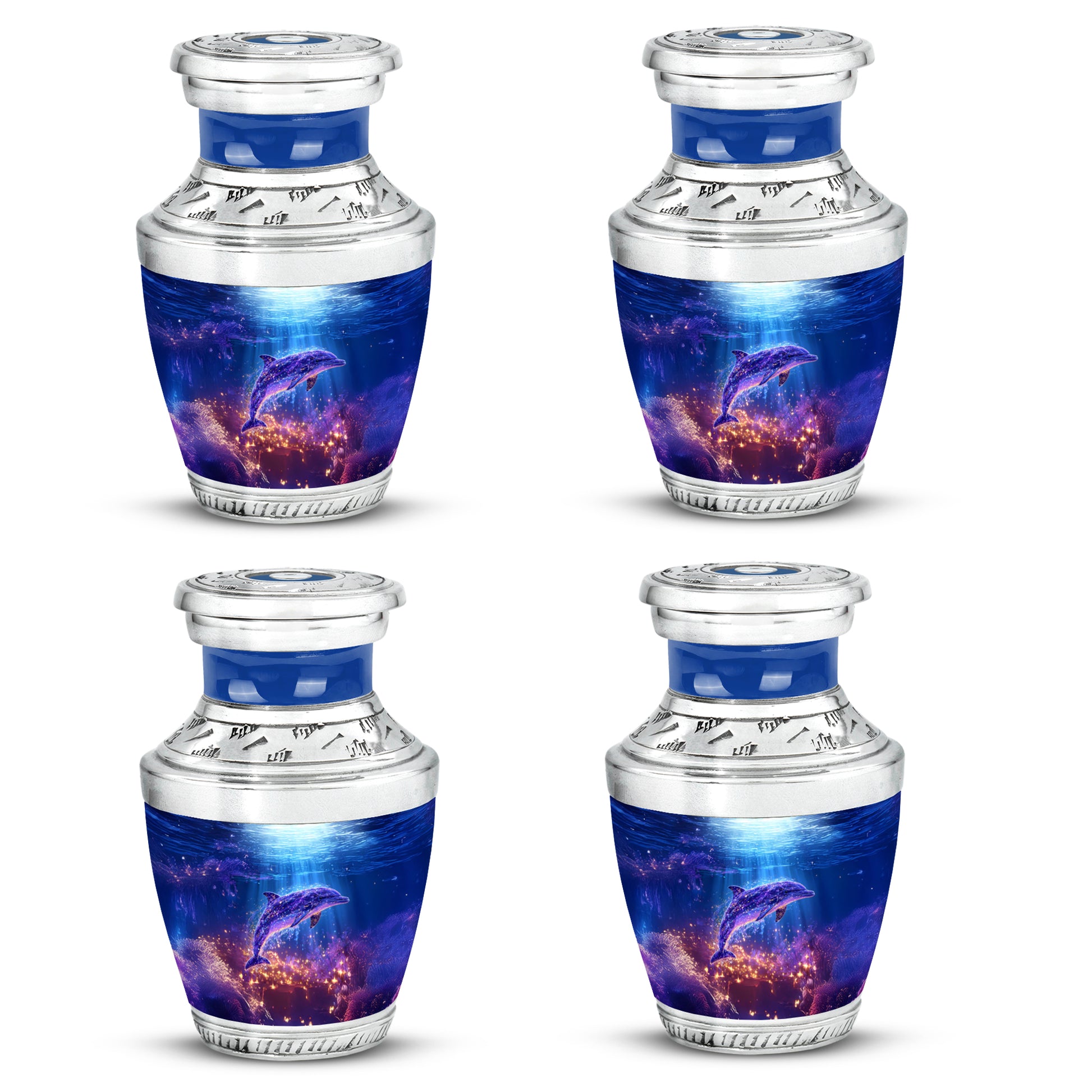 Vivid Blue Dolphin Cremation Urn back view with polished surface - artistic dolphin interpretation with creative detail - 10 inch aluminum urn for cremated remains