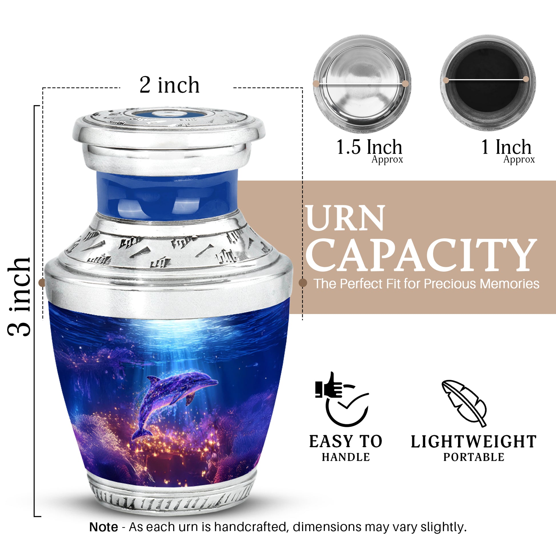 Calming Blue Dolphin Cremation Urn top-down view of secure threaded lid - artistic dolphin interpretation with creative detail - mini keepsake memorial for portion of cremation ashes