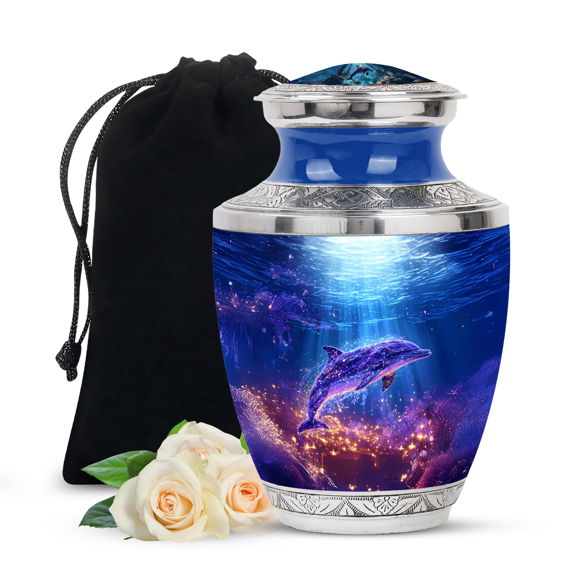 Navy Blue Dolphin Cremation Urn side profile showing urn shape - modern art-inspired dolphin motif on sleek aluminum - full-size 10 inch 200 cubic inch adult cremation urn