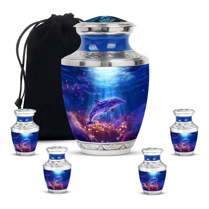 Icy Blue Dolphin Cremation Urn lifestyle display on memorial shelf - contemporary dolphin design with modern artistic flair - memorial set with one large and four small urns