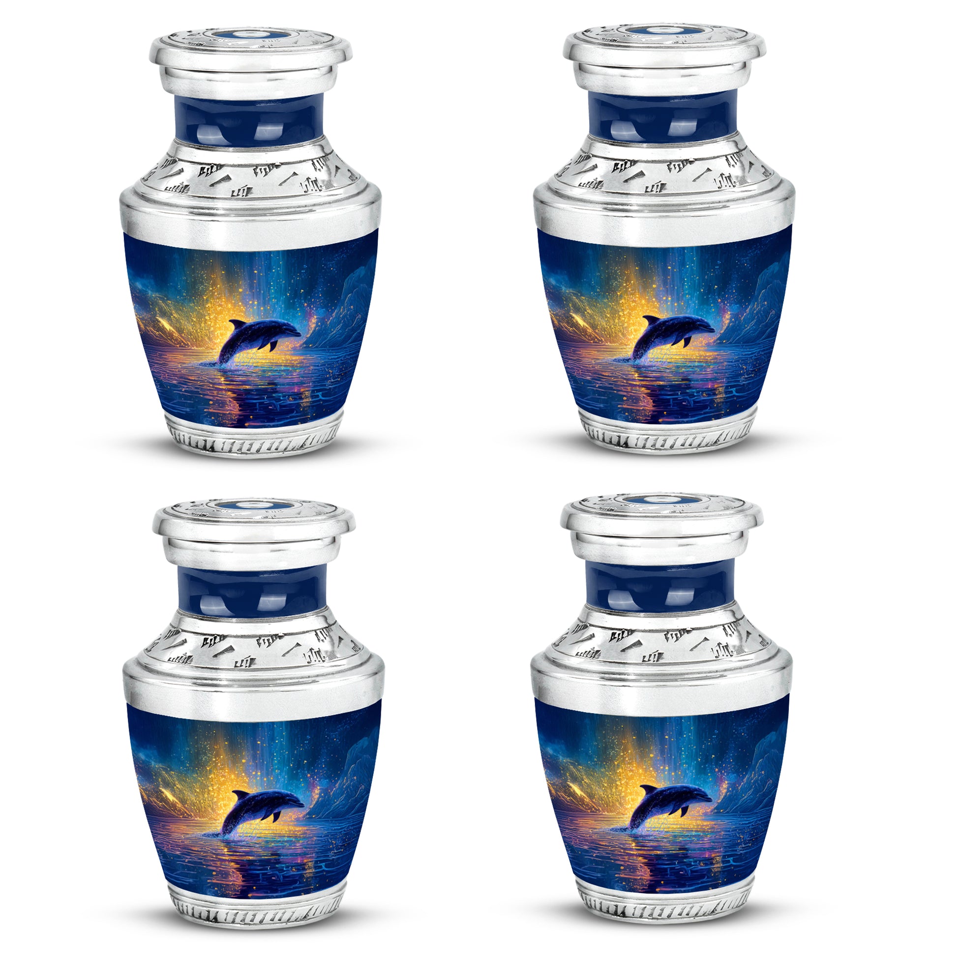 Dusty Blue Dolphin Cremation Urn back view with polished surface - contemporary dolphin design with modern artistic flair - 10 inch aluminum urn for cremated remains