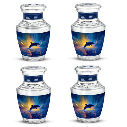 Dusty Blue Dolphin Cremation Urn back view with polished surface - contemporary dolphin design with modern artistic flair - 10 inch aluminum urn for cremated remains