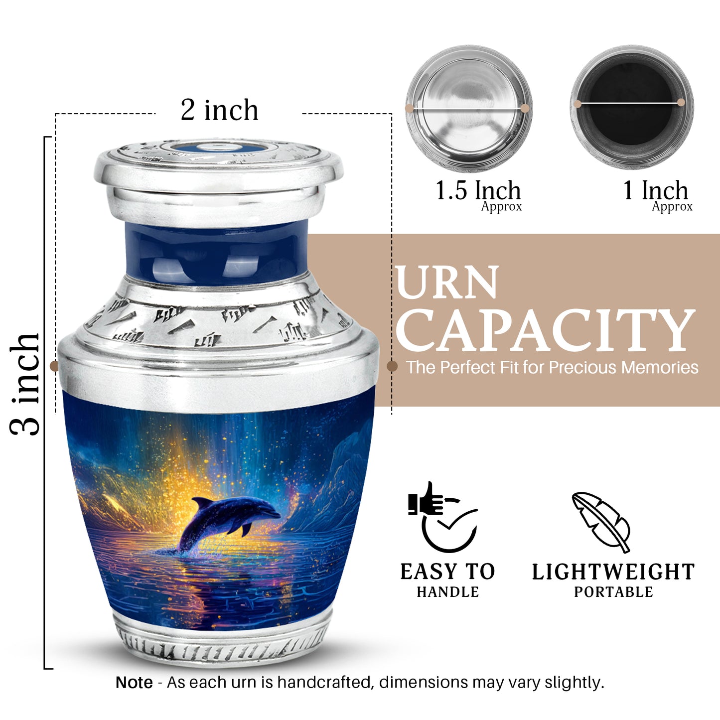 Calming Blue Dolphin Cremation Urn top-down view of secure threaded lid - stylized abstract dolphin pattern with bold lines - mini keepsake memorial for portion of cremation ashes