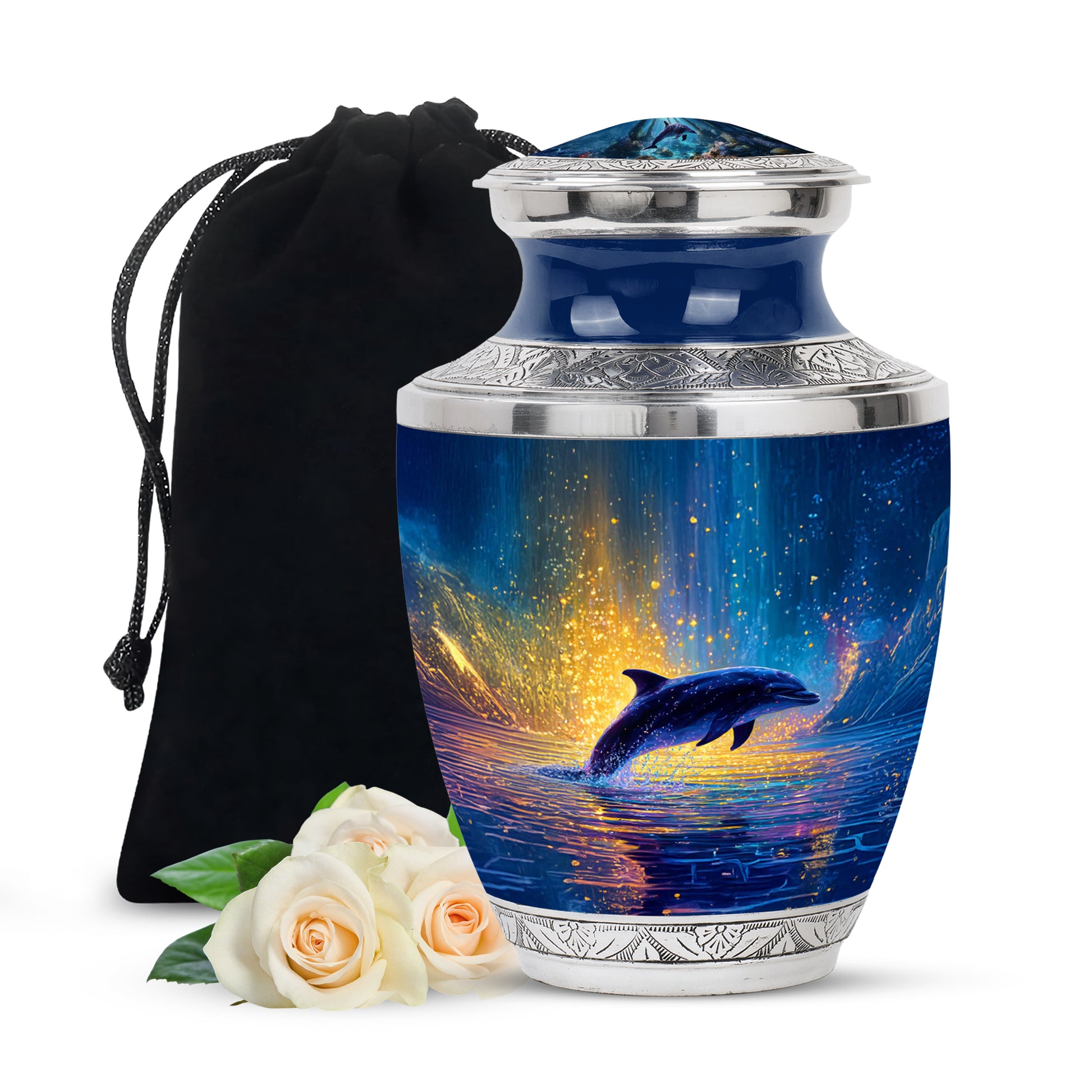 Calming Blue Dolphin Cremation Urn side profile showing urn shape - stylized abstract dolphin pattern with bold lines - full-size 10 inch 200 cubic inch adult cremation urn