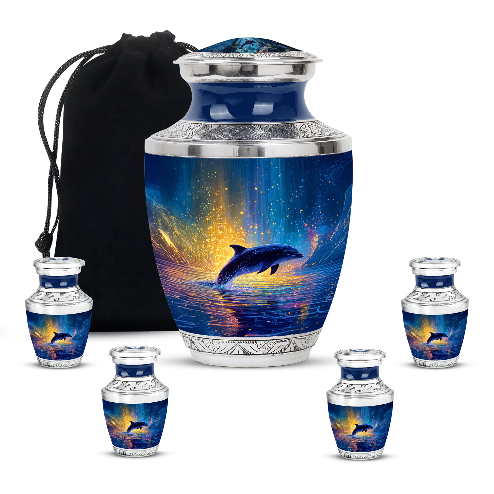 Royal Blue Dolphin Cremation Urn lifestyle display on memorial shelf - stylized abstract dolphin pattern with bold lines - memorial set with one large and four small urns