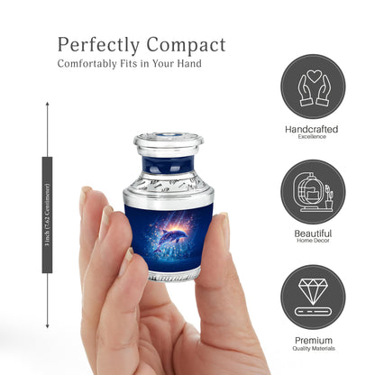 Royal Blue Dolphin Cremation Urn top-down view of secure threaded lid - stylized abstract dolphin pattern with bold lines - mini keepsake memorial for portion of cremation ashes