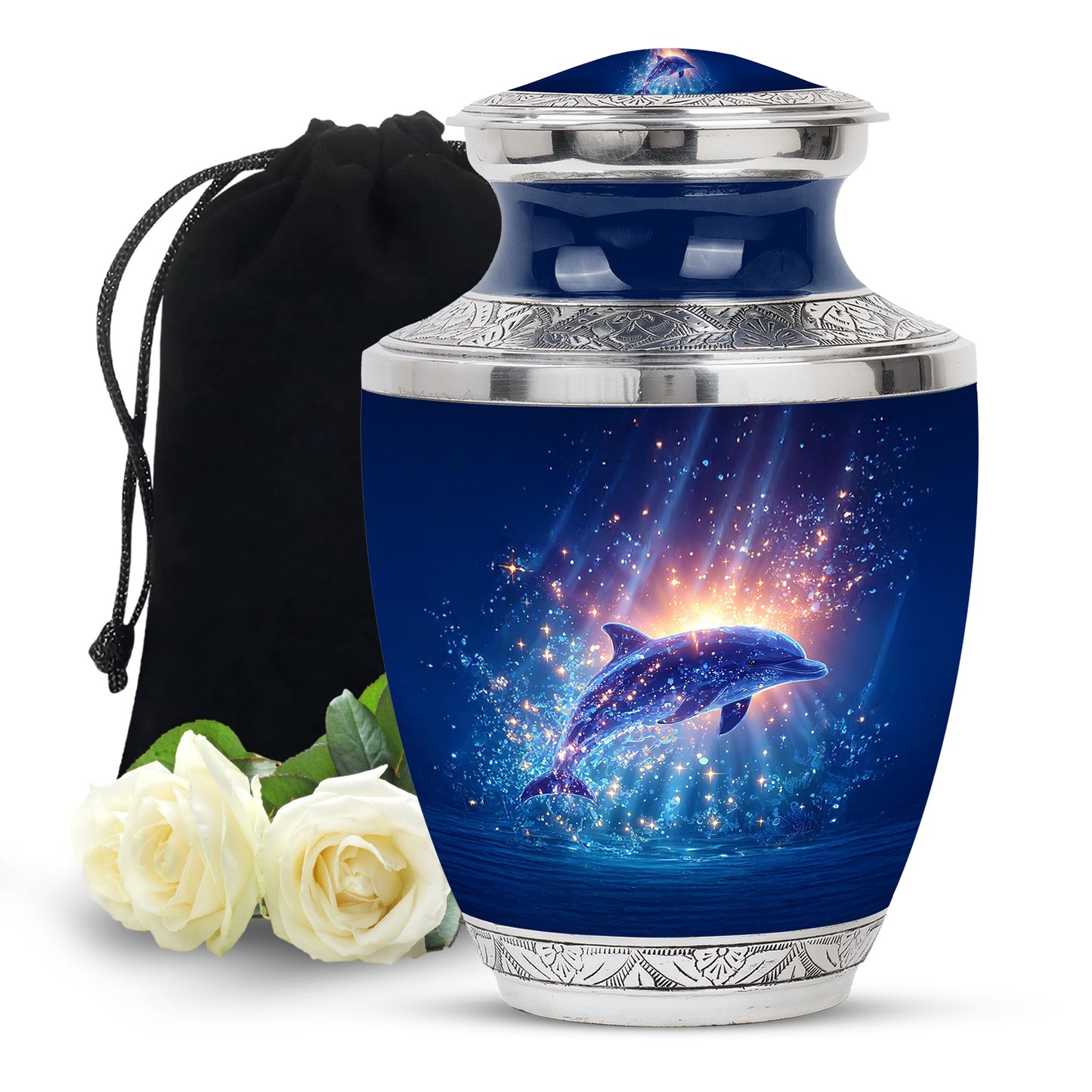 Calming Blue Dolphin Cremation Urn side profile showing urn shape - artistic dolphin interpretation with creative detail - full-size 10 inch 200 cubic inch adult cremation urn