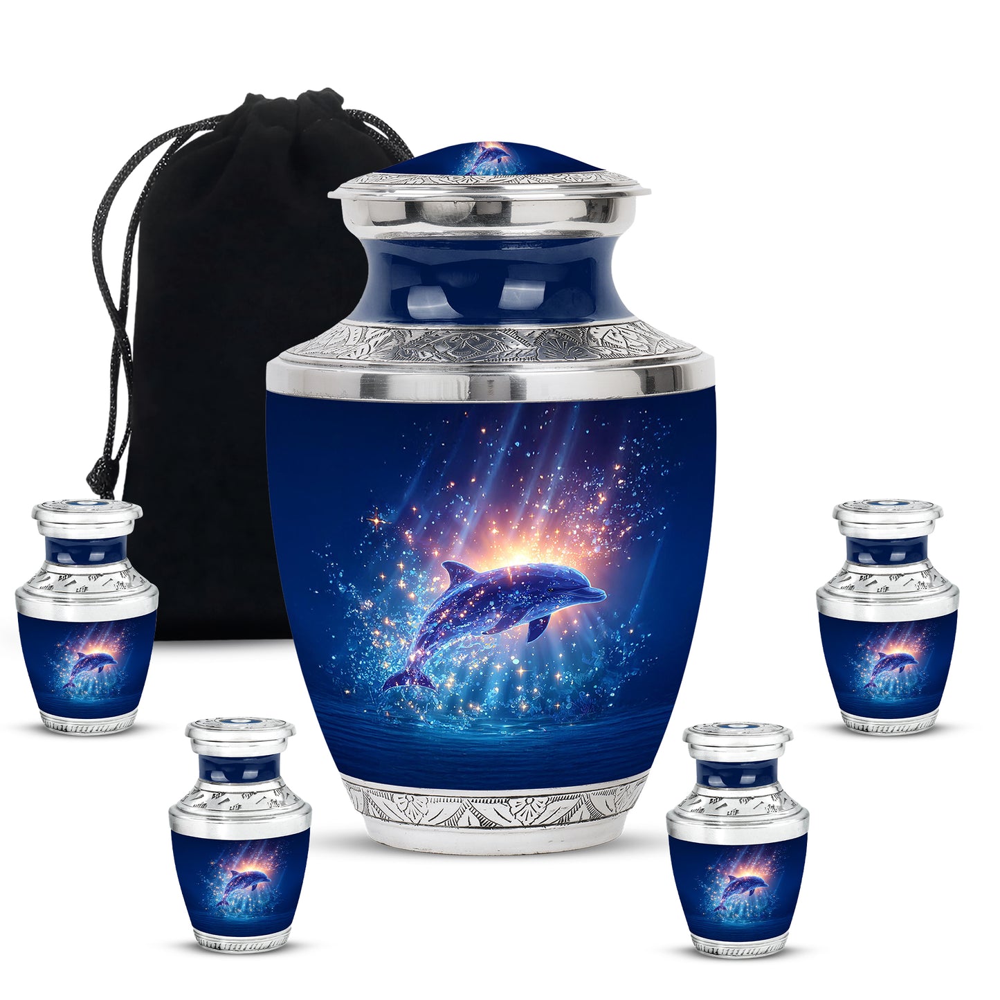 Royal Blue Dolphin Cremation Urn lifestyle display on memorial shelf - artistic dolphin interpretation with creative detail - memorial set with one large and four small urns