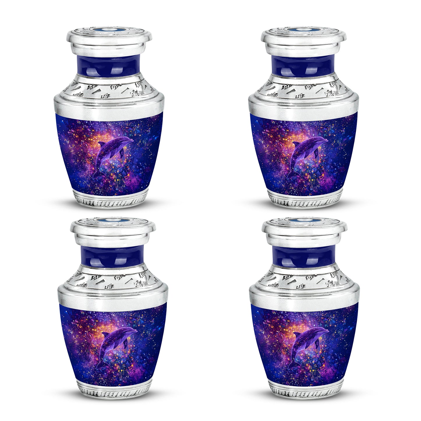 Indigo Dolphin Cremation Urn back view with polished surface - contemporary dolphin design with modern artistic flair - 10 inch aluminum urn for cremated remains