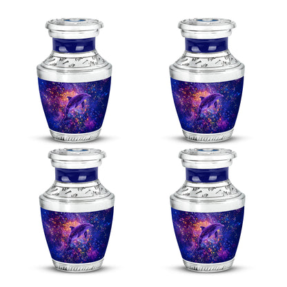 Indigo Dolphin Cremation Urn back view with polished surface - contemporary dolphin design with modern artistic flair - 10 inch aluminum urn for cremated remains