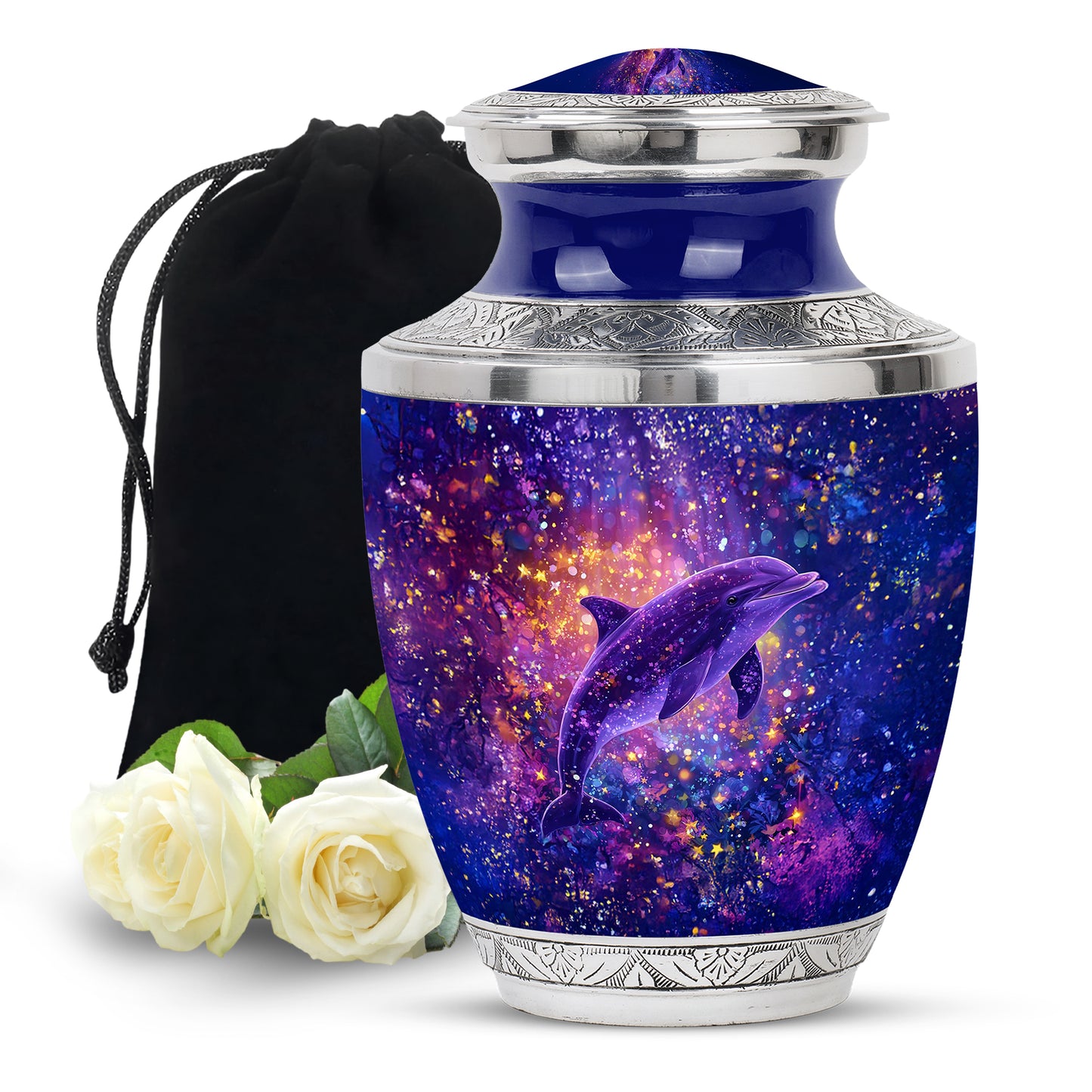 Vivid Blue Dolphin Cremation Urn side profile showing urn shape - artistic dolphin interpretation with creative detail - full-size 10 inch 200 cubic inch adult cremation urn