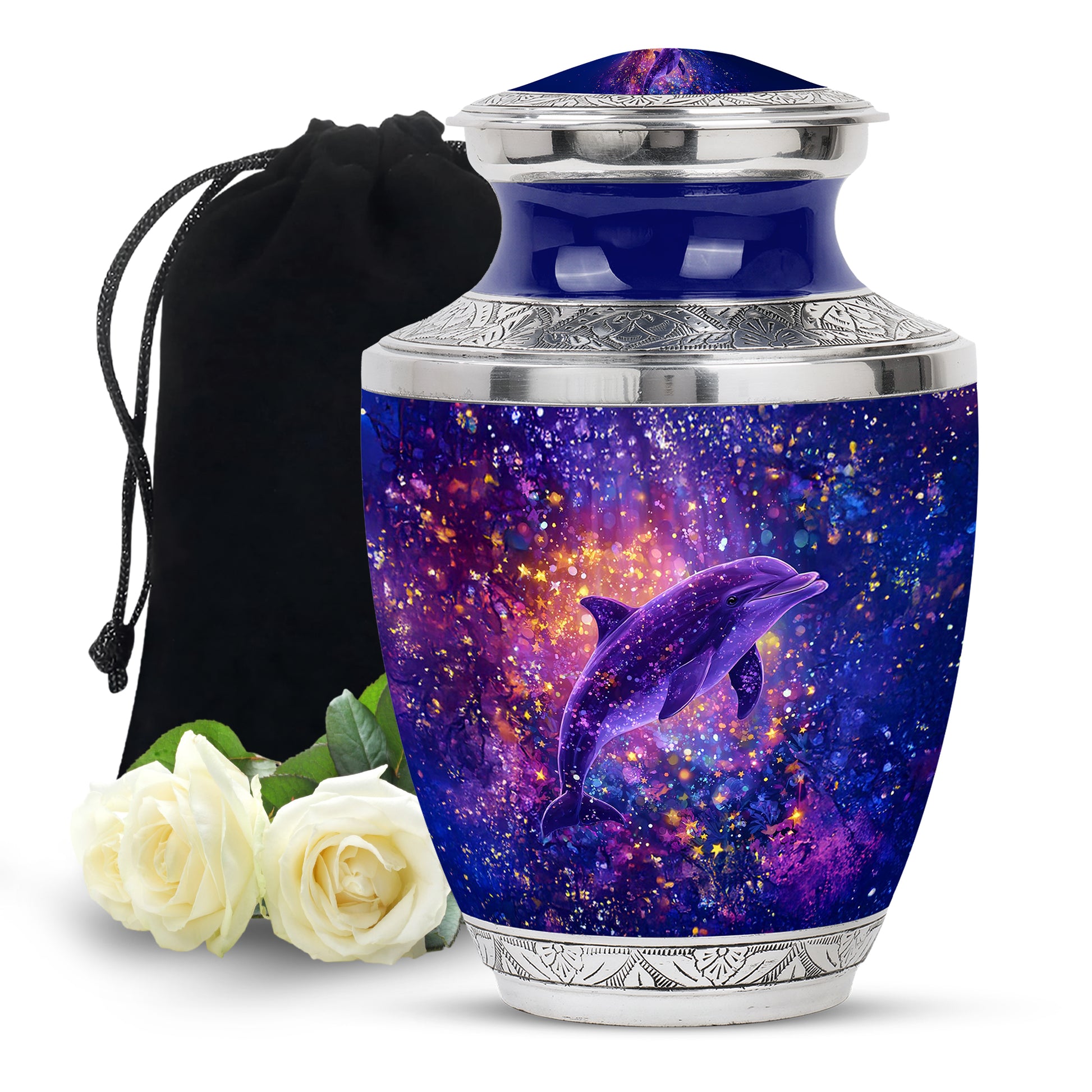 Vivid Blue Dolphin Cremation Urn side profile showing urn shape - artistic dolphin interpretation with creative detail - full-size 10 inch 200 cubic inch adult cremation urn