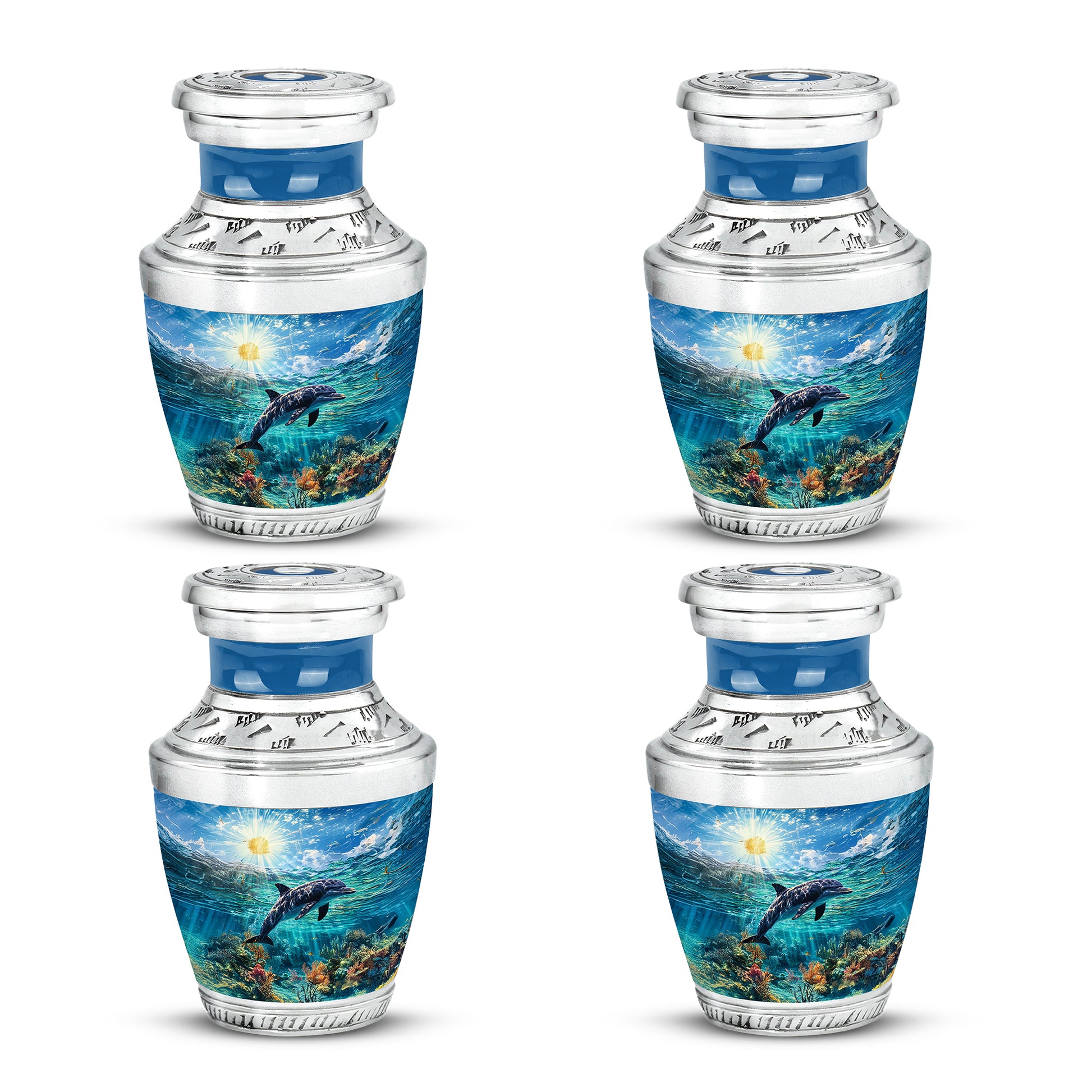 Dusty Blue Dolphin Cremation Urn back view with polished surface - modern art-inspired dolphin motif on sleek aluminum - 10 inch aluminum urn for cremated remains