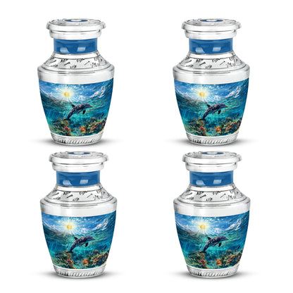 Dusty Blue Dolphin Cremation Urn back view with polished surface - modern art-inspired dolphin motif on sleek aluminum - 10 inch aluminum urn for cremated remains