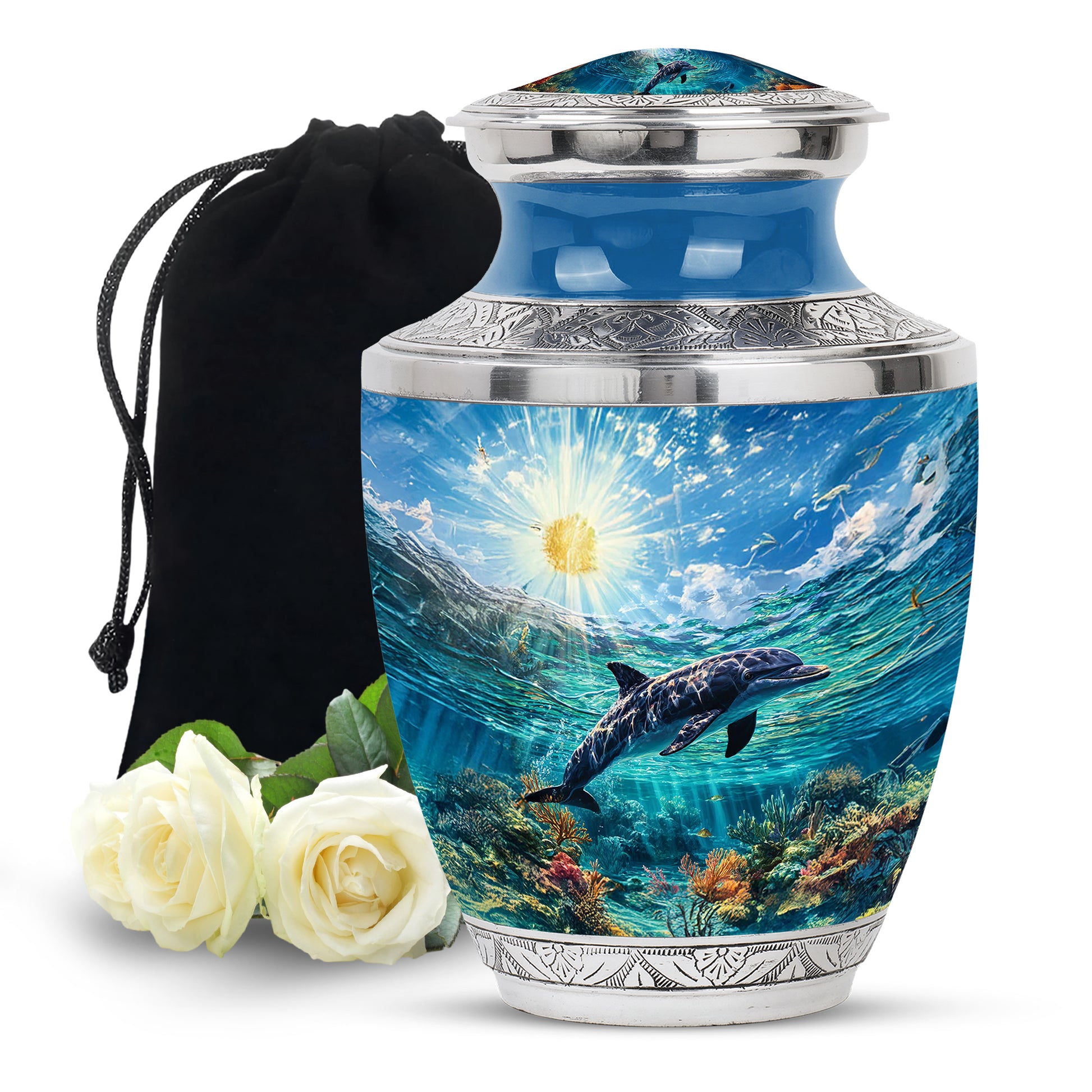 Azure Dolphin Cremation Urn side profile showing urn shape - contemporary dolphin design with modern artistic flair - full-size 10 inch 200 cubic inch adult cremation urn