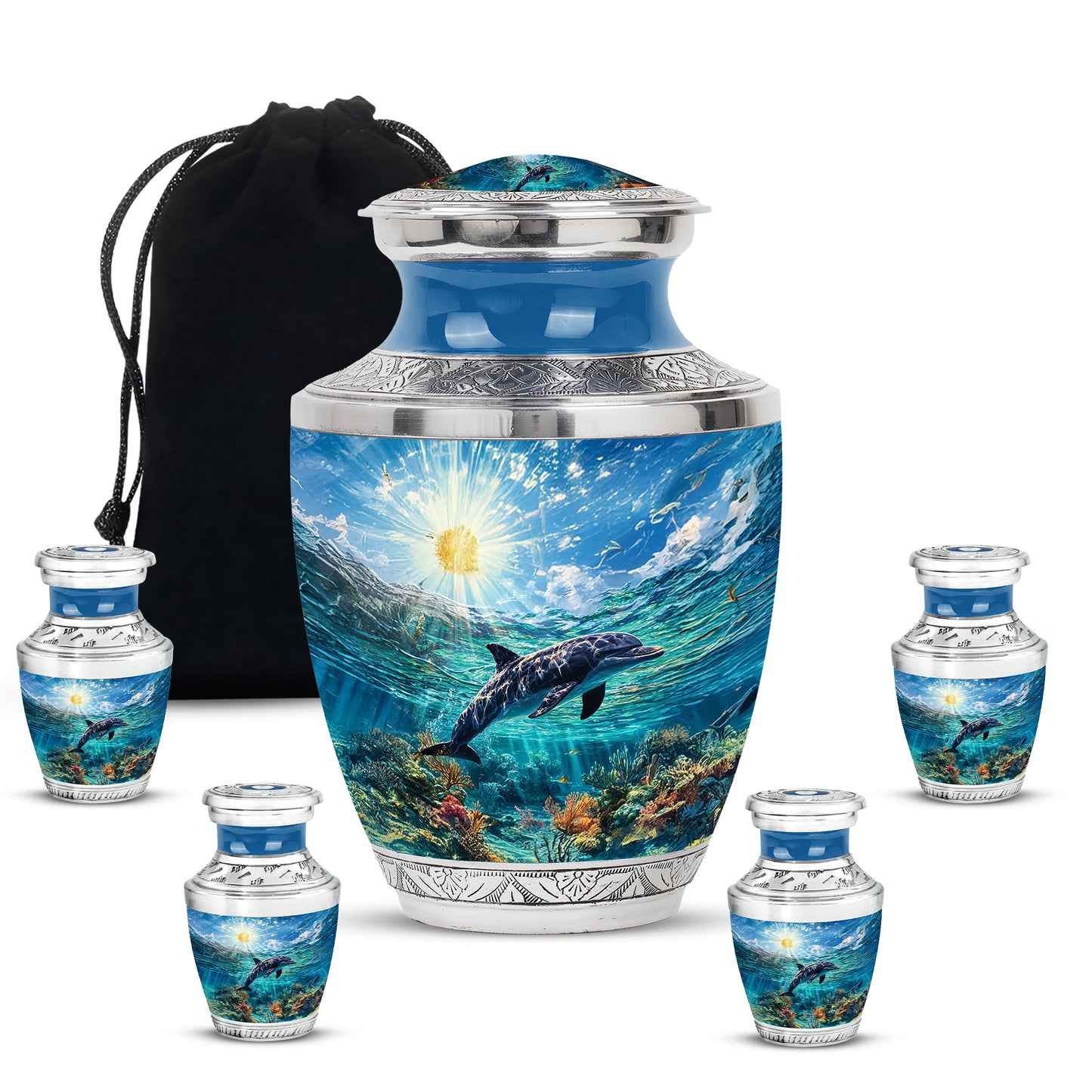 Icy Blue Dolphin Cremation Urn lifestyle display on memorial shelf - modern art-inspired dolphin motif on sleek aluminum - memorial set with one large and four small urns