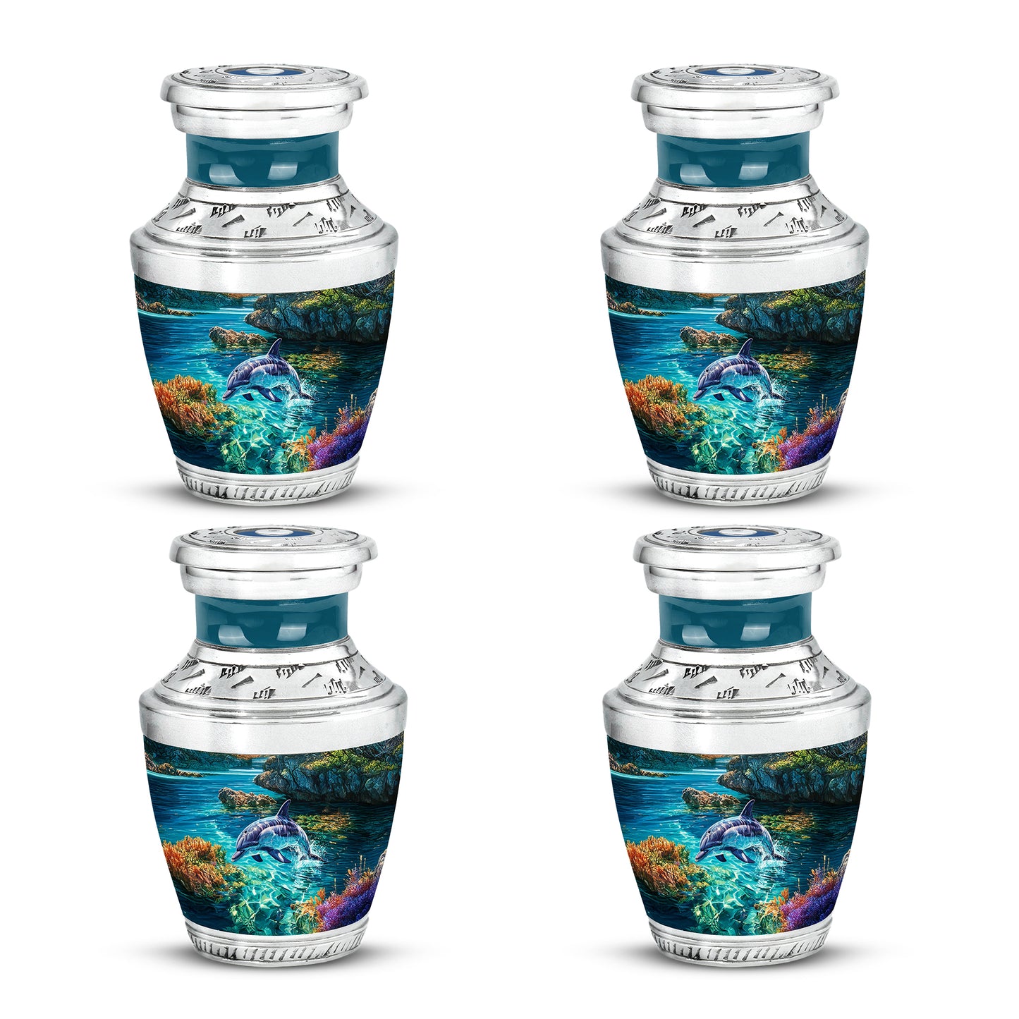 Moss Green Dolphin Cremation Urn back view with polished surface - contemporary dolphin design with modern artistic flair - 10 inch aluminum urn for cremated remains
